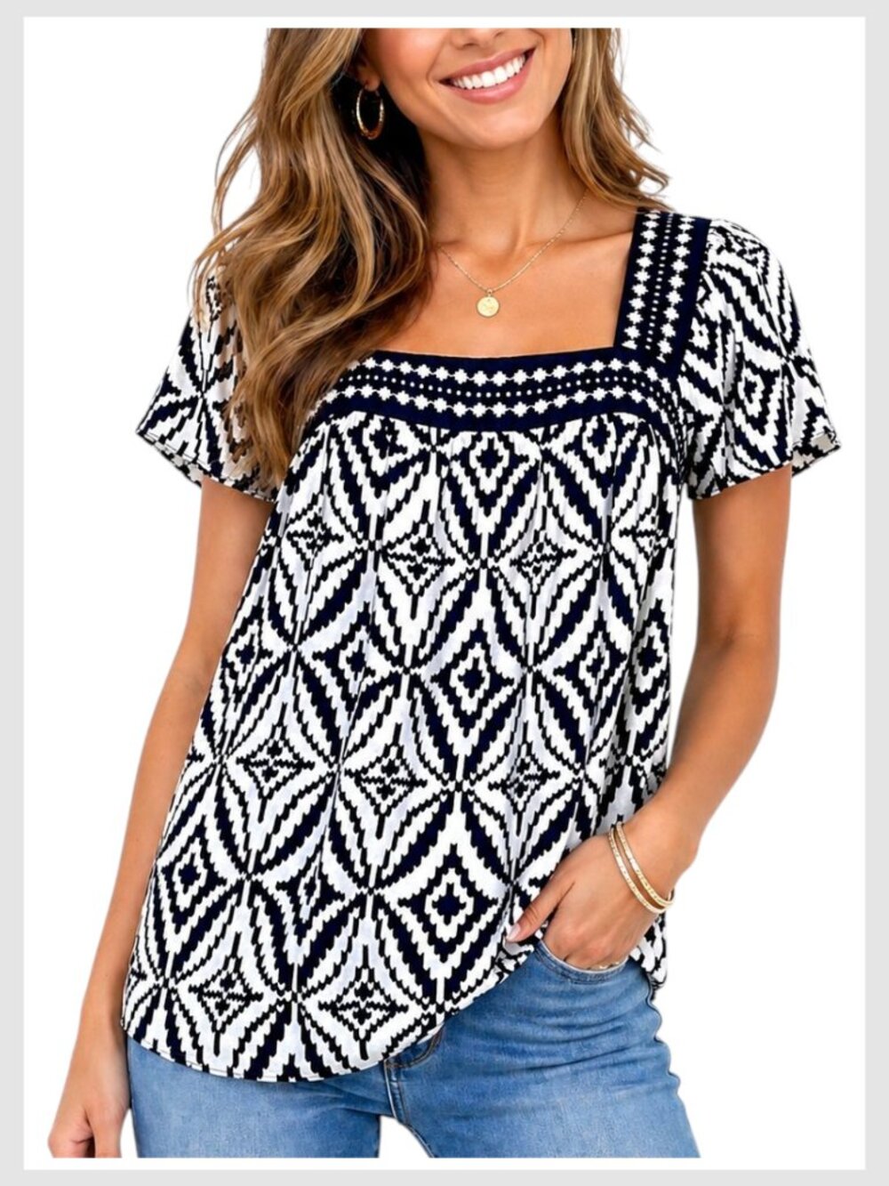 Milly Blouse Navy White Square Neck Geometric Print Size 6 M